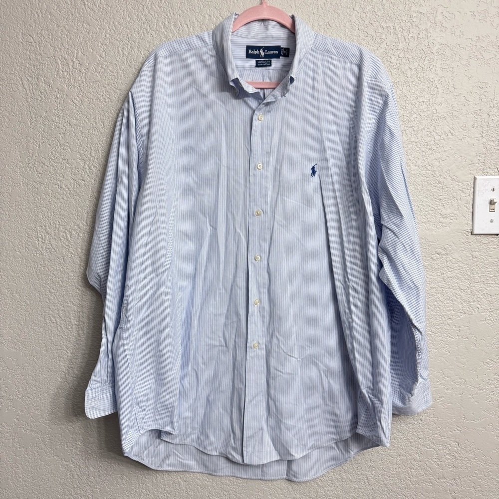 Ralph Lauren Yarmouth Dress Shirt White Blue Stripe Men’s 17 34-35 Cotton
